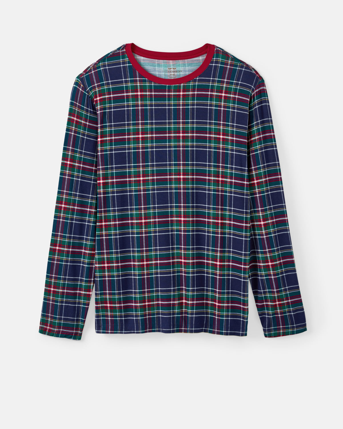 A long-sleeve crewneck shirt featuring a navy blue plaid pattern with red, green, and white intersecting lines, finished with a solid red collar, shown against a light gray background.
