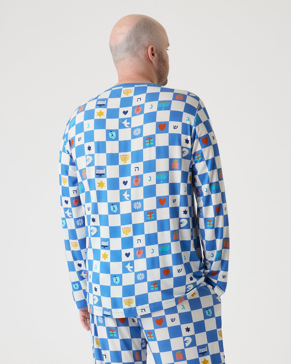 Back view of man wearing the Hanukkah Checks Men's Pajama Top