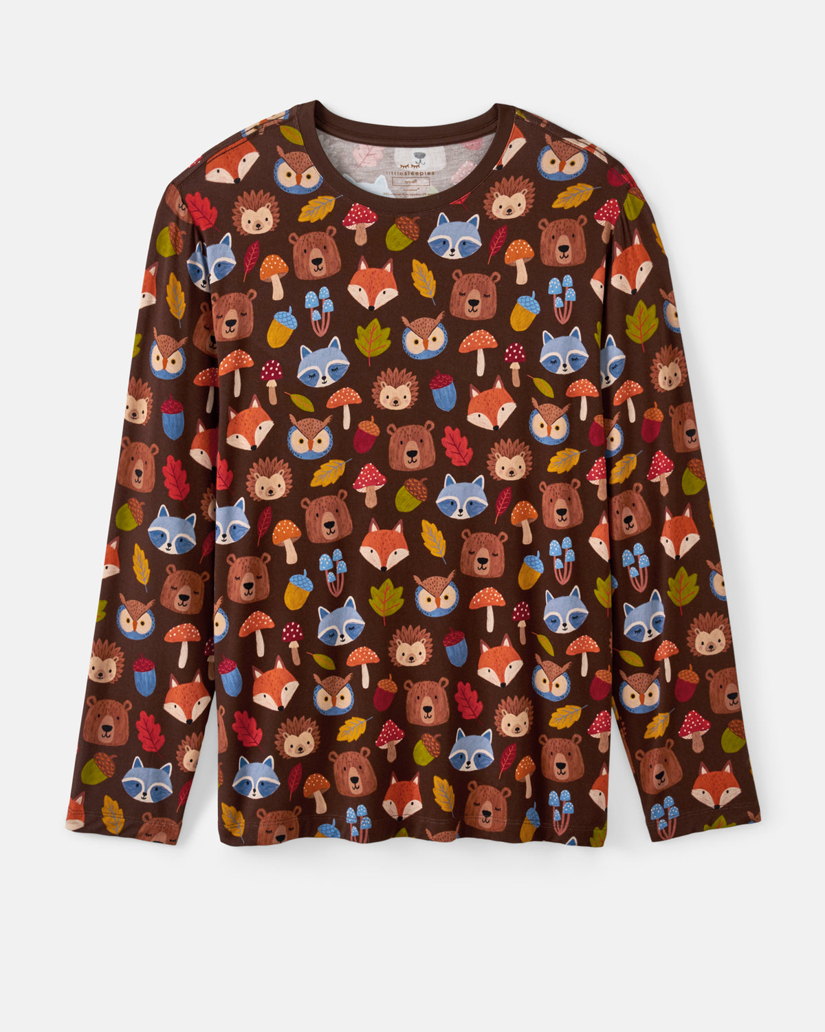 A long-sleeve crewneck shirt for kids, featuring an all-over woodland pattern of bears, foxes, owls, mushrooms, acorns, and leaves on a dark brown background, shown flat against a light gray background.
