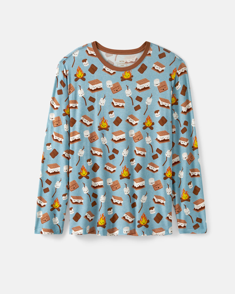 A light blue long-sleeve crewneck shirt with an all-over s'mores-themed print featuring marshmallows, chocolate squares, and campfires, displayed flat against a light gray background.