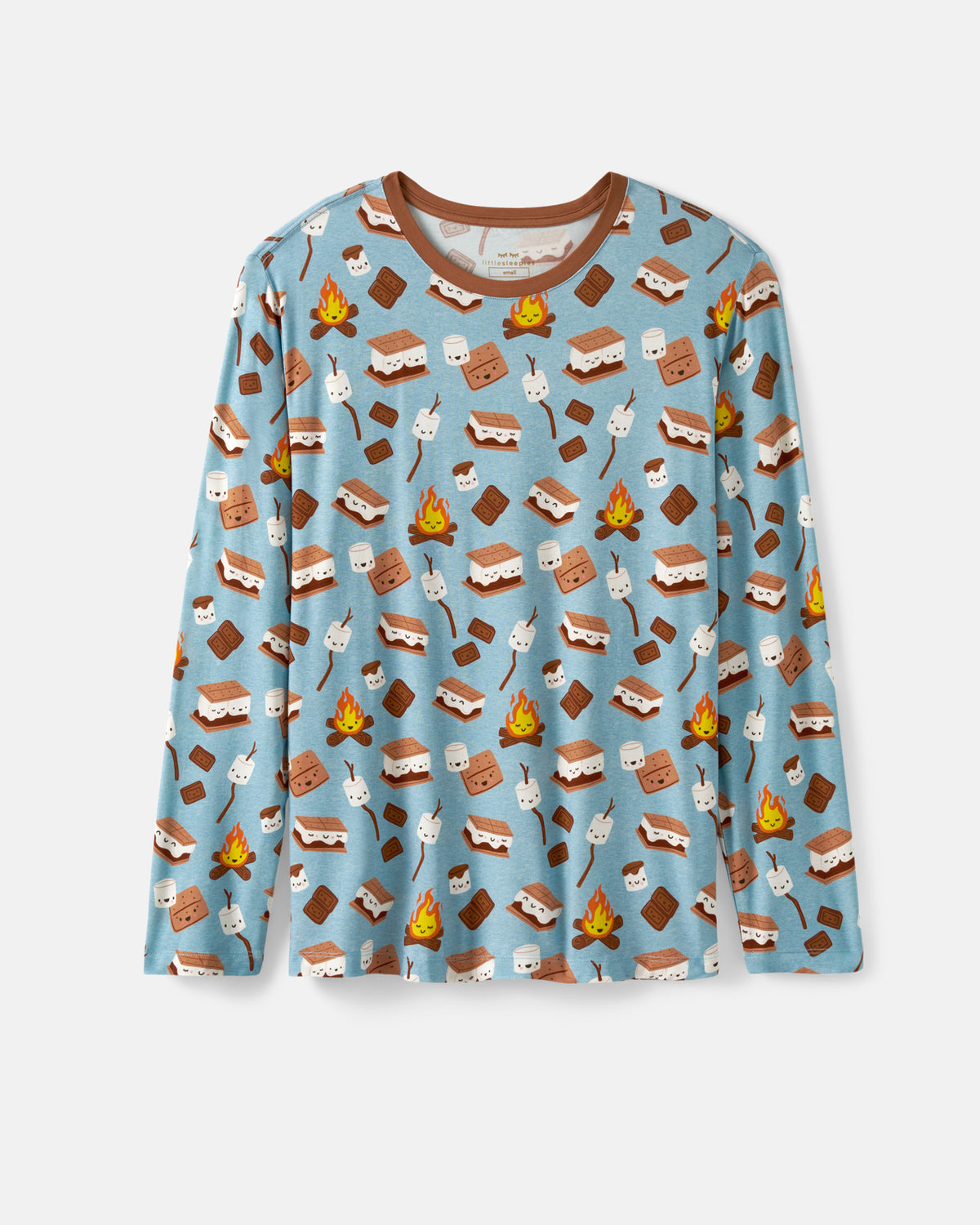 A light blue long-sleeve crewneck shirt with an all-over s'mores-themed print featuring marshmallows, chocolate squares, and campfires, displayed flat against a light gray background.