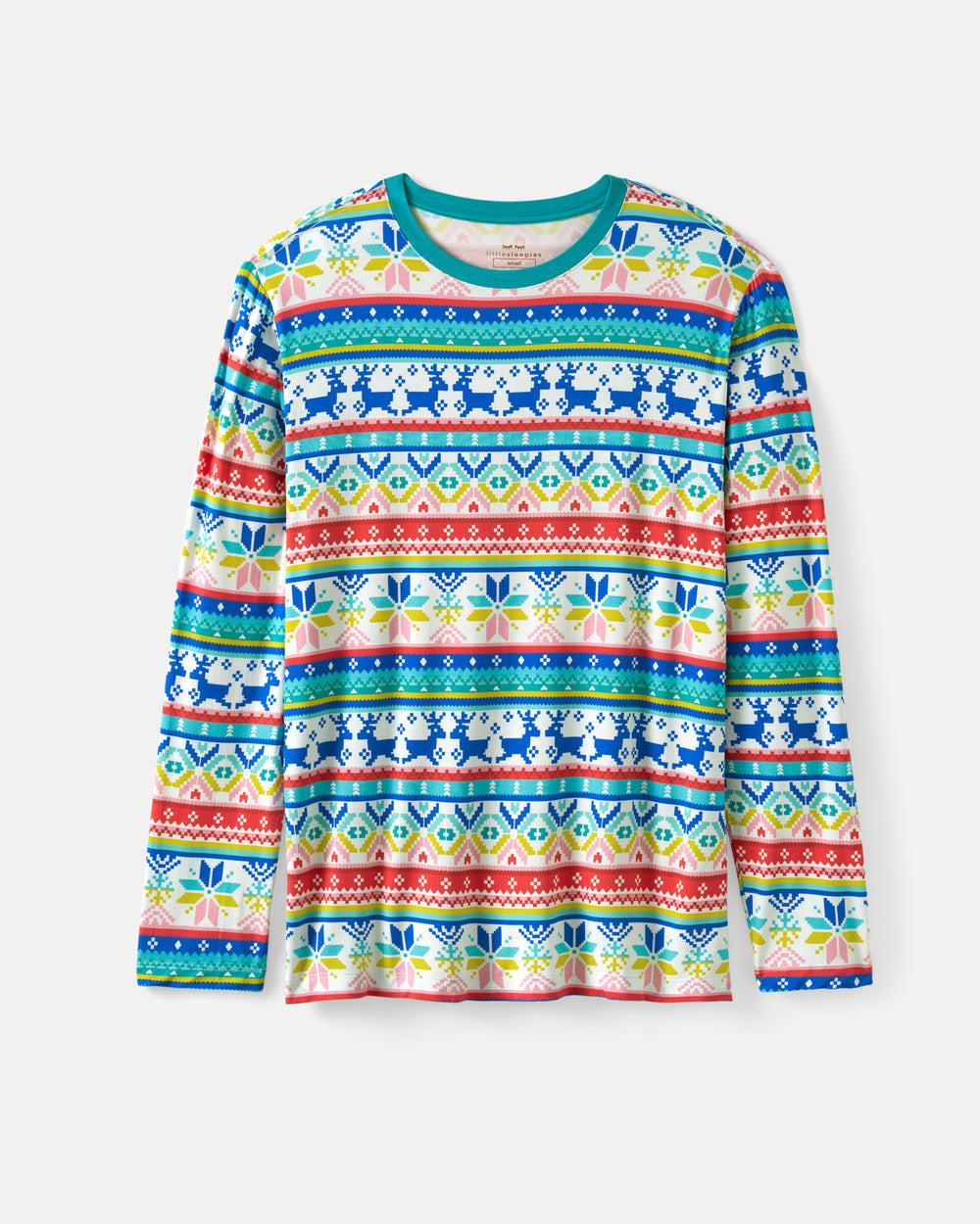 A long-sleeve crewneck shirt featuring a colorful Nordic fair isle pattern with reindeer, snowflakes, and geometric motifs in blue, red, green, yellow, and pink on a white background.