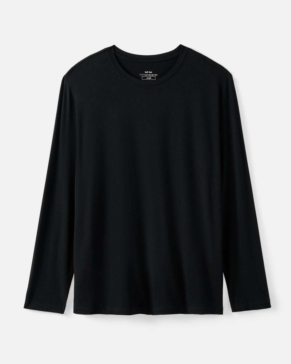 A black long-sleeve crewneck pajama shirt with a relaxed, oversized fit, displayed against a light gray background.