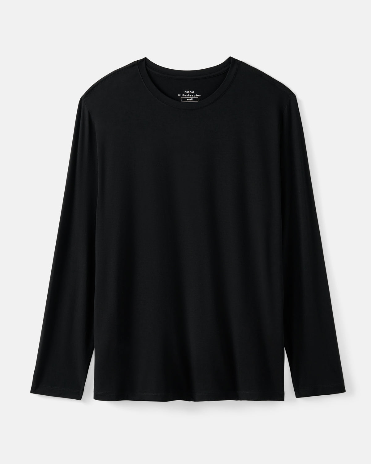 A black long-sleeve crewneck pajama shirt with a relaxed, oversized fit, displayed against a light gray background.