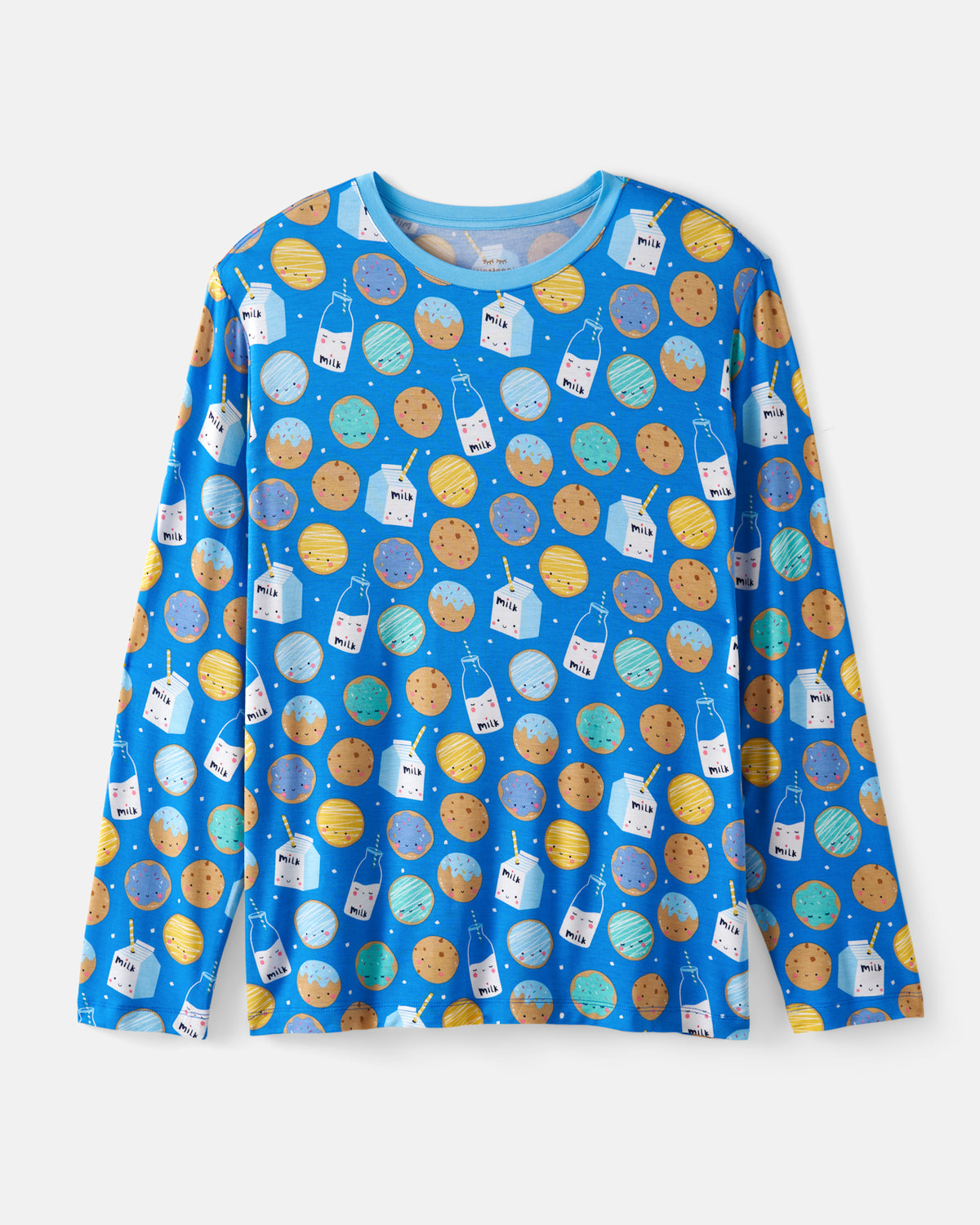 A long-sleeve crewneck shirt for men, featuring a bright blue background with an all-over pattern of cartoon cookies, milk bottles, and ice cream cones in yellow, orange, and blue.