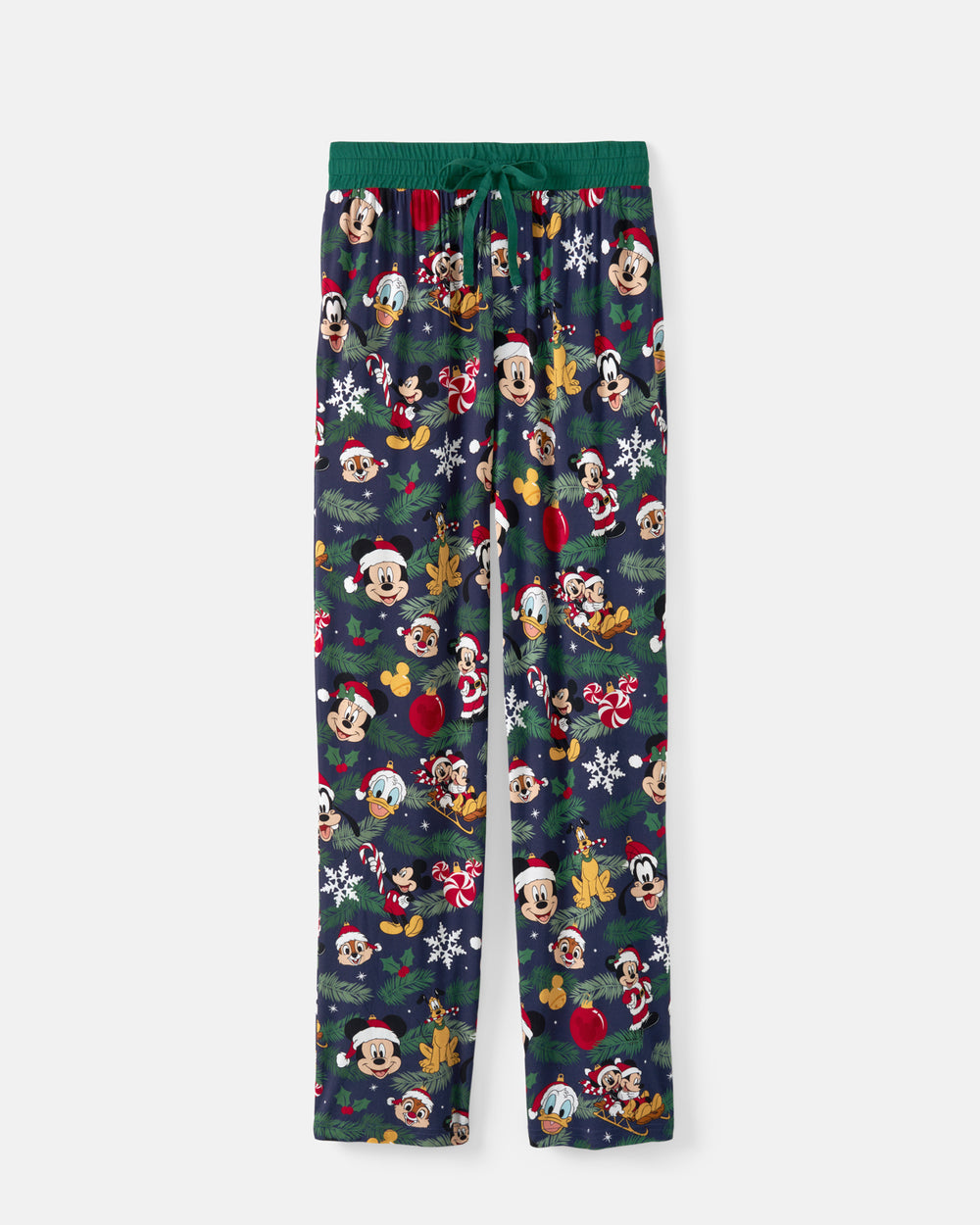 A pair of children's pajama pants featuring an all-over Christmas print with Disney characters like Mickey Mouse, Minnie Mouse, Donald Duck, and Goofy, set against a dark navy background with a green elastic waistband and drawstring.