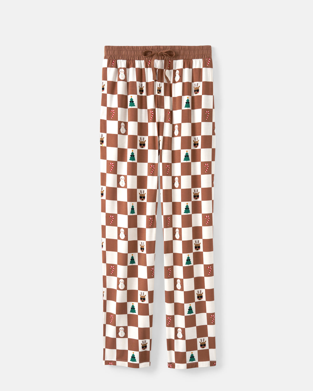 A pair of lounge pants with a brown and cream checkerboard pattern, decorated with small illustrations of Christmas icons, shown against a light gray background.