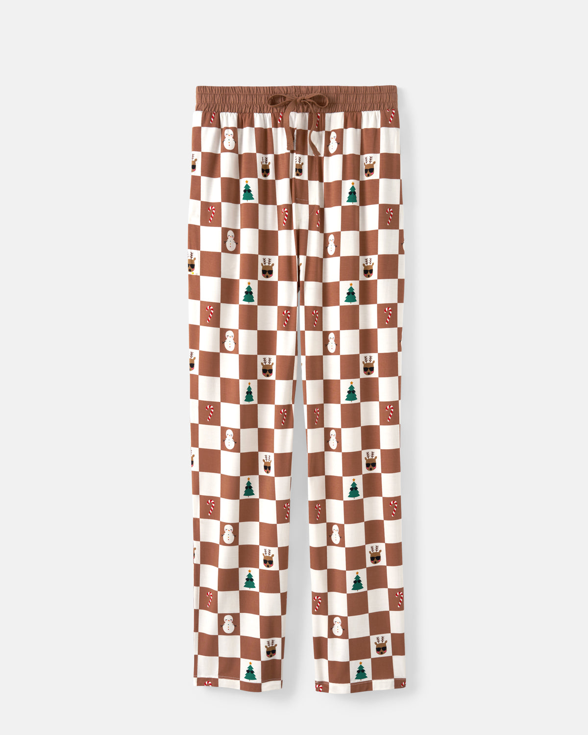 A pair of lounge pants with a brown and cream checkerboard pattern, decorated with small illustrations of Christmas icons, shown against a light gray background.