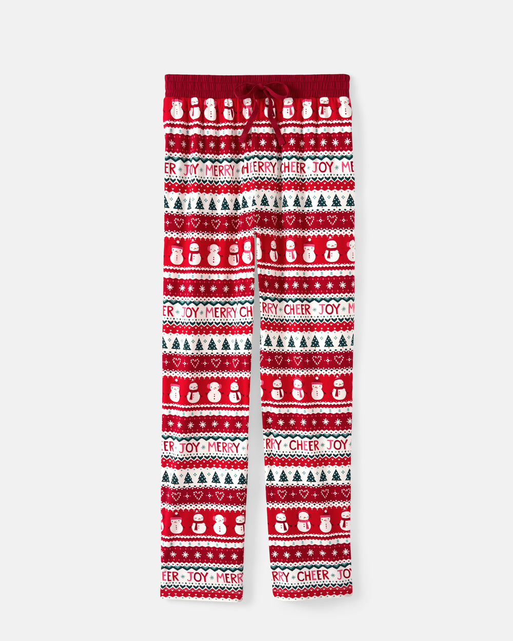 Red and white Christmas-themed lounge pants featuring a festive knit pattern with snowmen, trees, and the words 'Merry Cheer' on a light gray background.