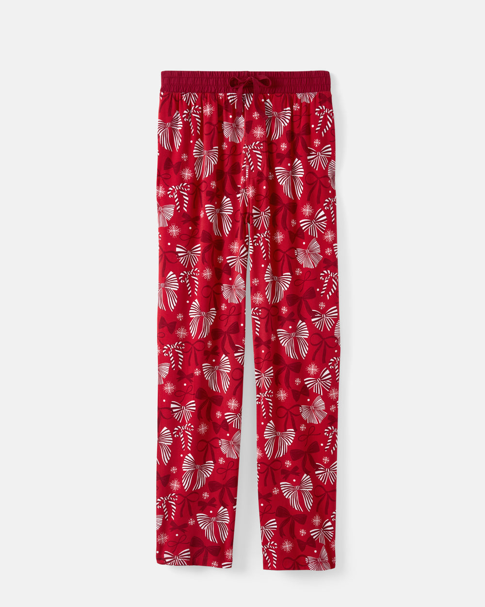 Red holiday-themed lounge pants with a white holiday bow and snowflake pattern, featuring an elastic waistband and drawstring.