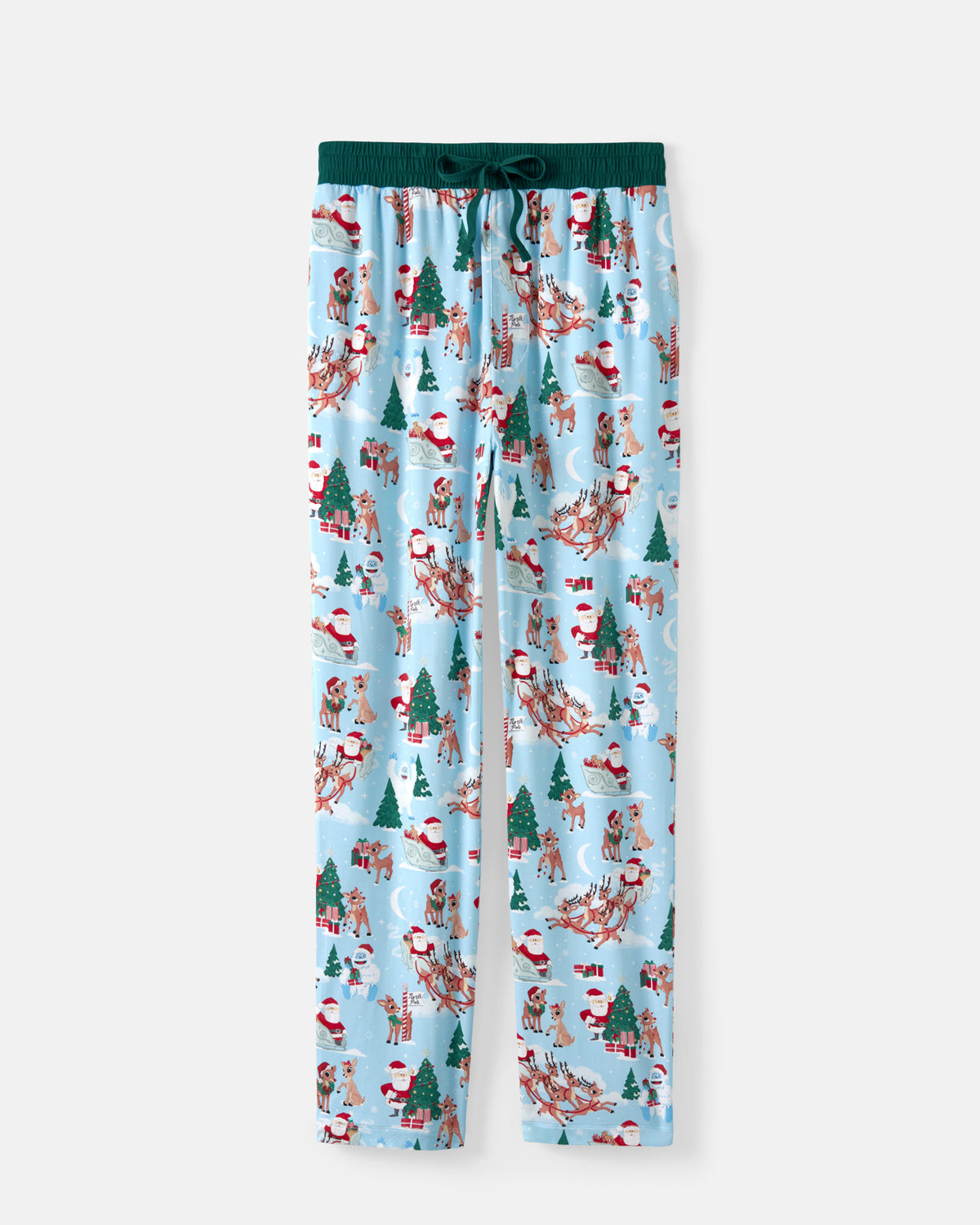 Light blue holiday-themed lounge pants with an all-over print of Santa Claus, reindeer, Christmas trees, and snowflakes, featuring a dark green elastic waistband and drawstring.