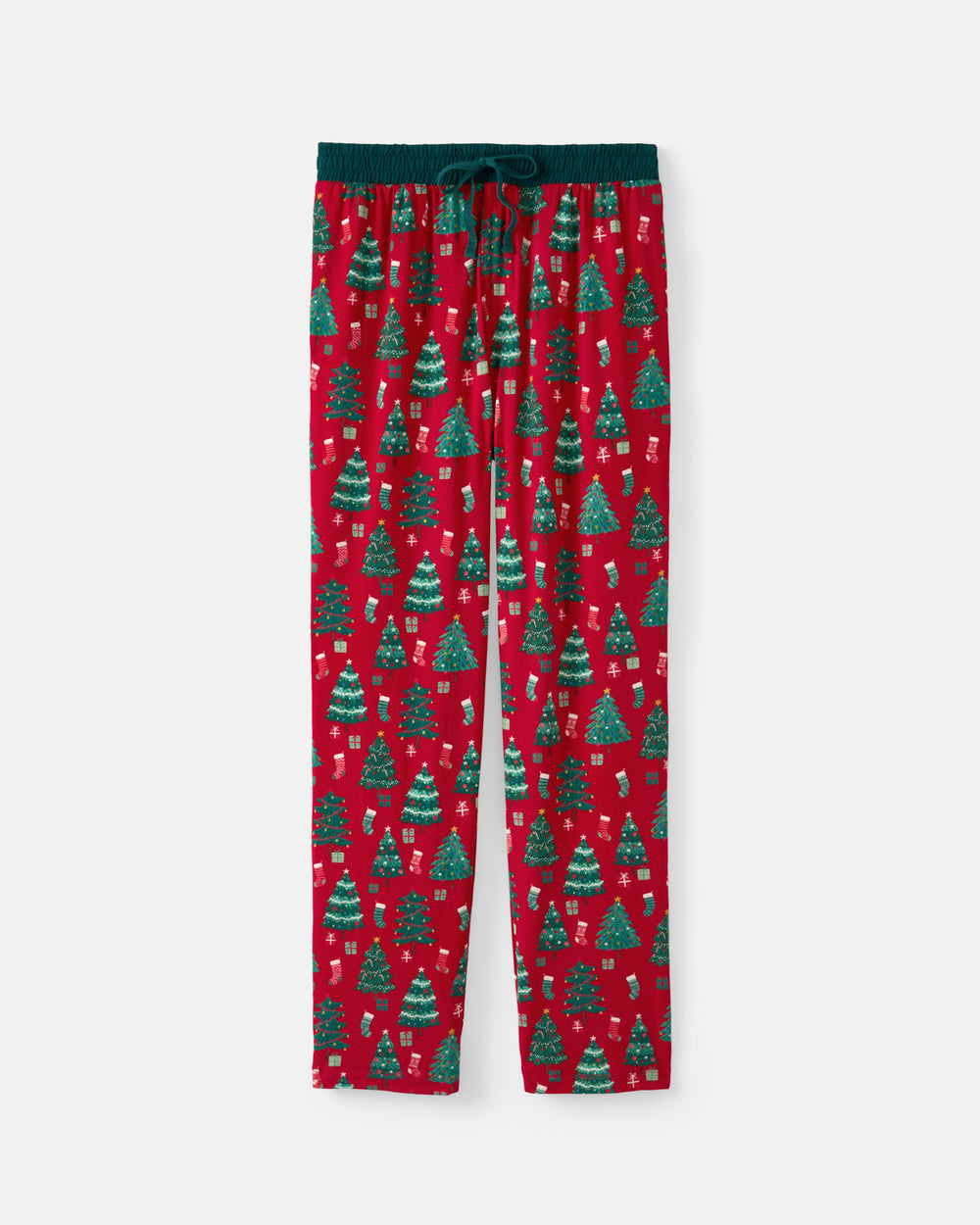 Red Christmas-themed lounge pants with a green tree and candy cane pattern, featuring a dark green elastic waistband and drawstring.