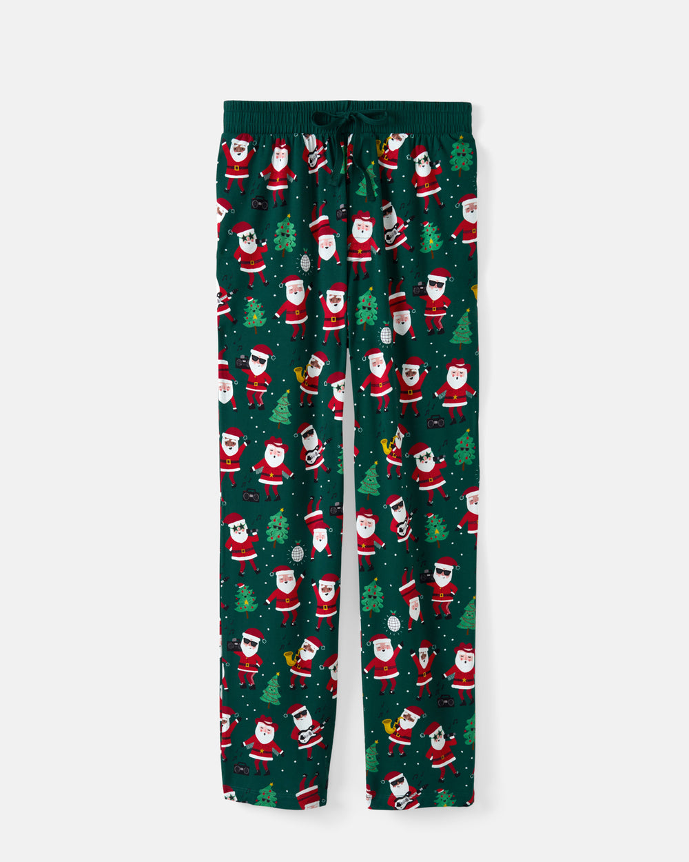 A pair of dark green Christmas-themed lounge pants featuring an all-over print of cartoon Santa Claus figures, Christmas trees, and snowflakes, shown against a light gray background.