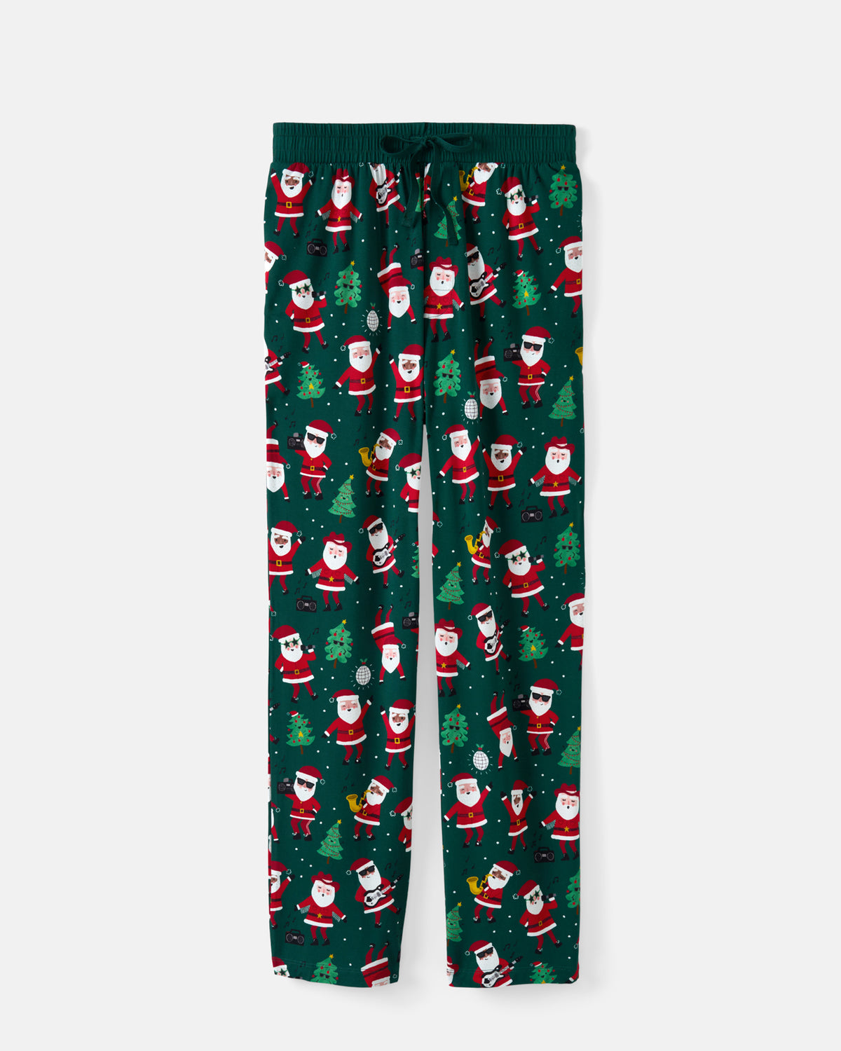 A pair of dark green Christmas-themed lounge pants featuring an all-over print of cartoon Santa Claus figures, Christmas trees, and snowflakes, shown against a light gray background.