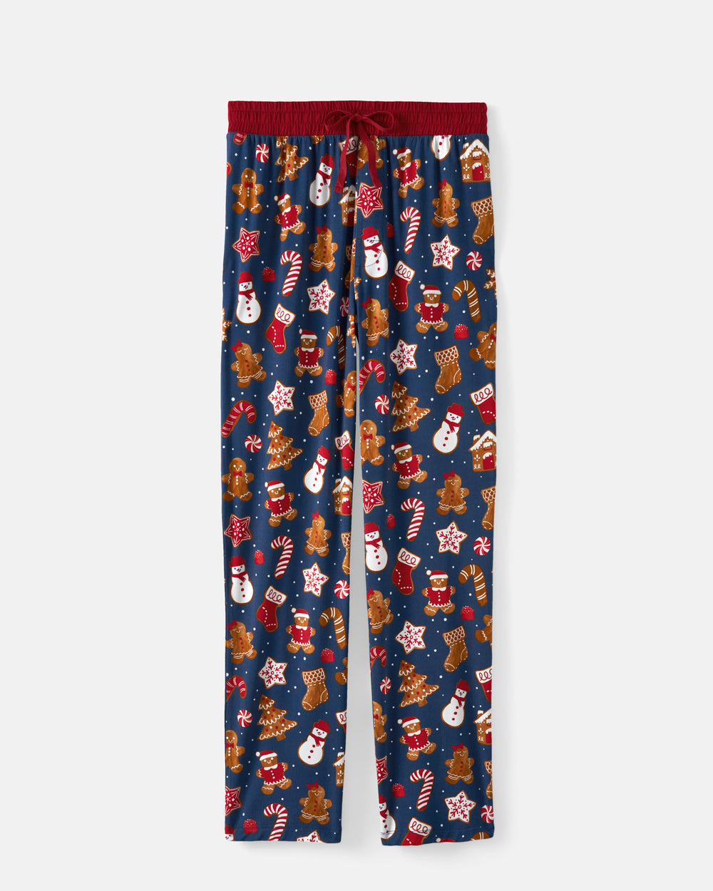 A pair of navy blue holiday-themed lounge pants with an all-over print of gingerbread cookies, snowmen, candy canes, Santa Claus, and red stockings, featuring a red elastic waistband and drawstring.