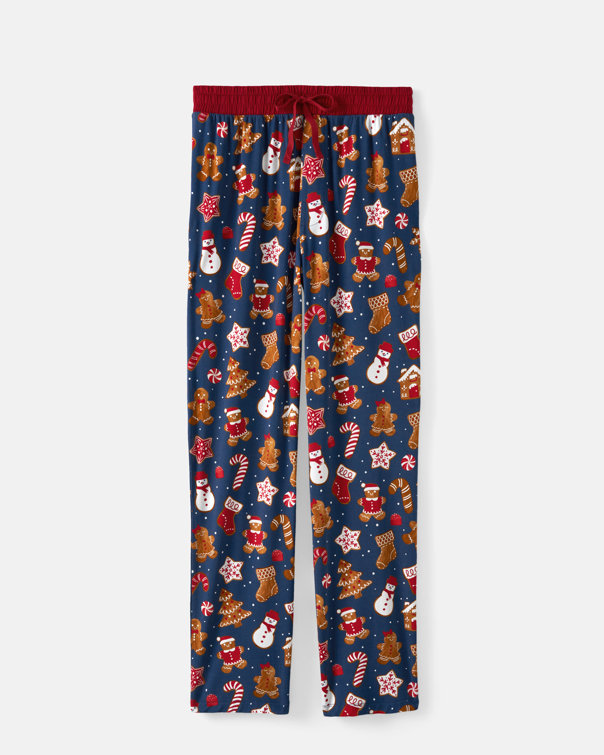 A pair of navy blue holiday-themed lounge pants with an all-over print of gingerbread cookies, snowmen, candy canes, Santa Claus, and red stockings, featuring a red elastic waistband and drawstring.