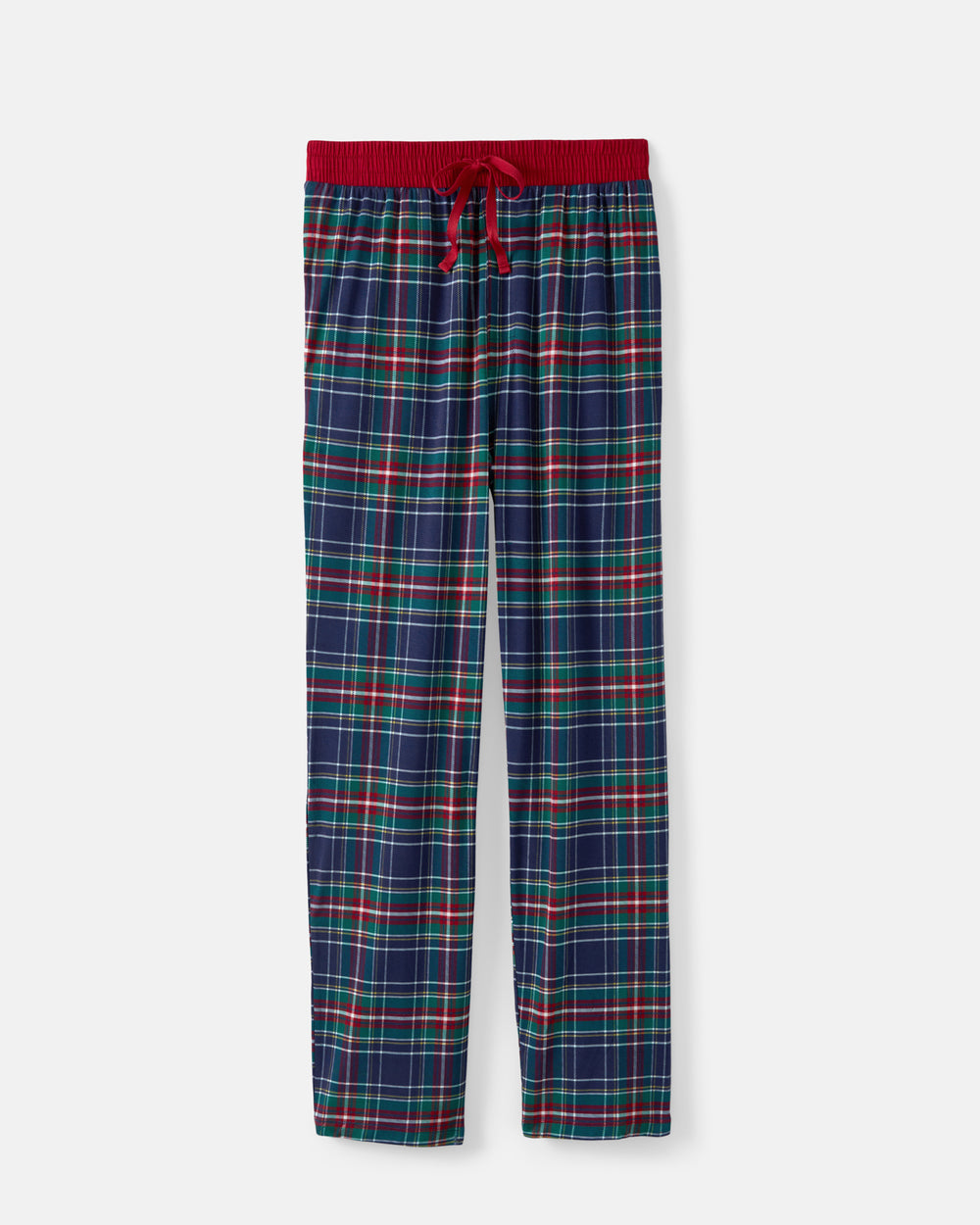 A pair of men's plaid pajama pants in navy blue with red, green, and white stripes, featuring a solid red elastic waistband and drawstring.