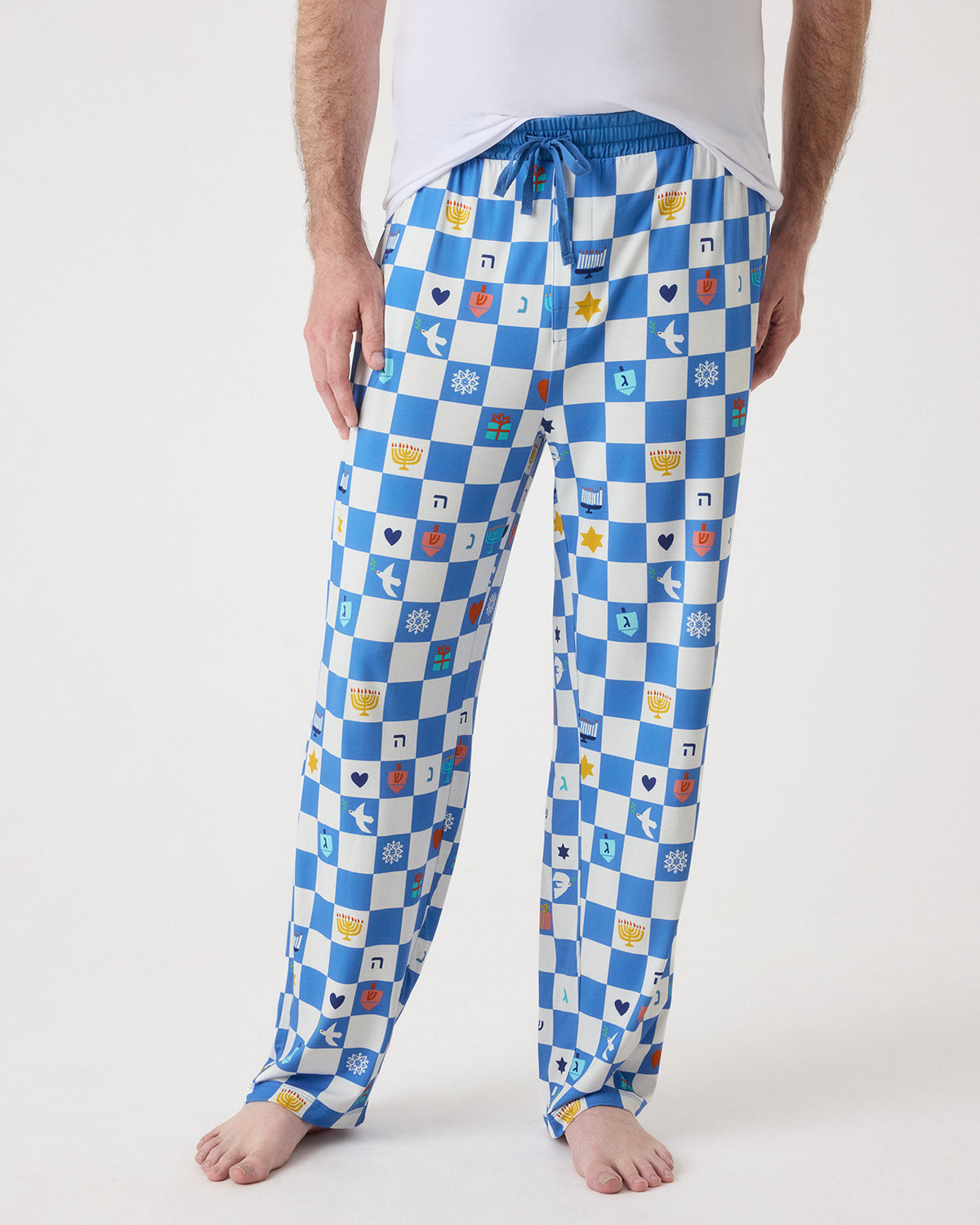 Man wearing the Hanukkah Checks Men's Pajama Pants