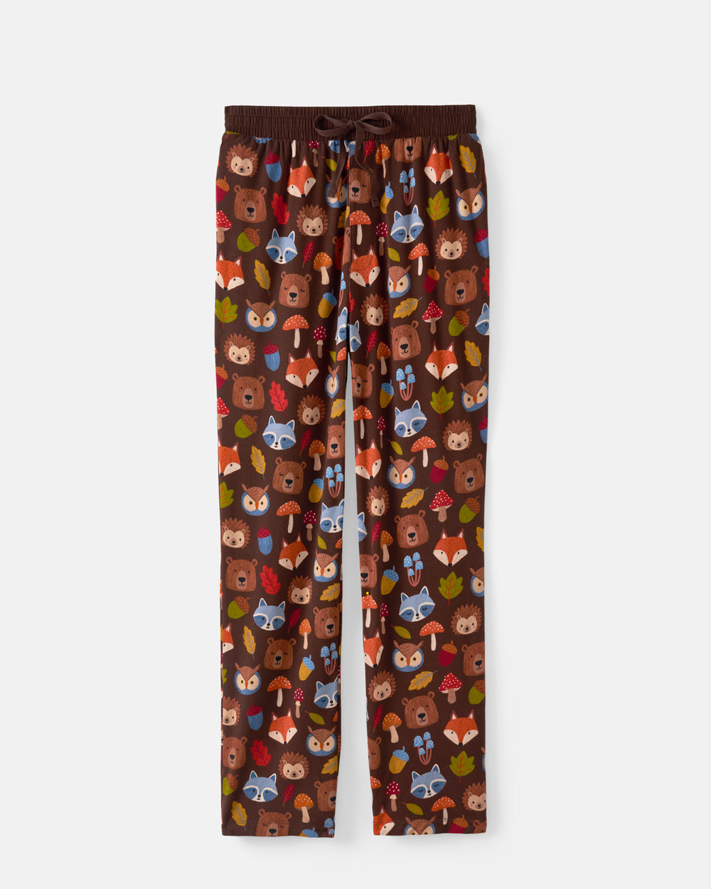 A pair of children's brown pants with an all-over woodland pattern featuring foxes, bears, squirrels, mushrooms, acorns, and leaves, complete with a matching brown drawstring waistband, shown against a light gray background.