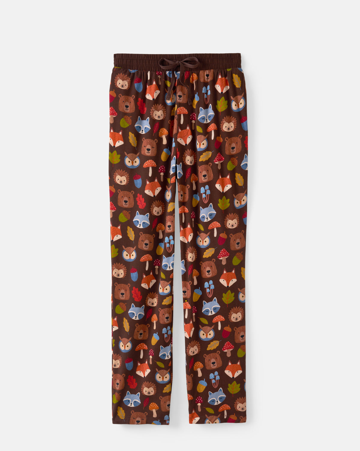 A pair of children's brown pants with an all-over woodland pattern featuring foxes, bears, squirrels, mushrooms, acorns, and leaves, complete with a matching brown drawstring waistband, shown against a light gray background.