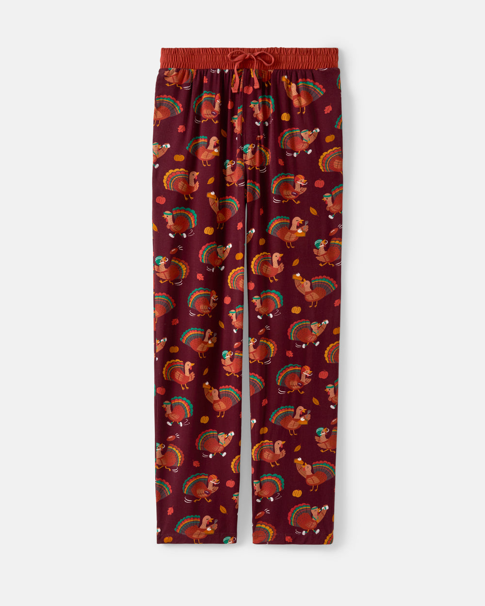 A pair of women's lounge pants in a deep burgundy color, featuring an all-over autumn pattern of turkeys, pumpkins, and colorful fall leaves. The pants have an elastic waistband with a matching drawstring, shown flat against a light gray background.