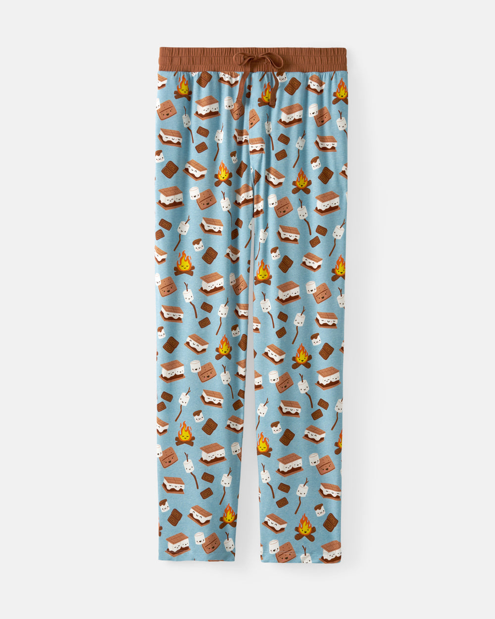 Light blue fleece pajama pants with a brown elastic waistband and drawstring, featuring a repeating s'mores pattern with marshmallows, campfires, and chocolate squares.