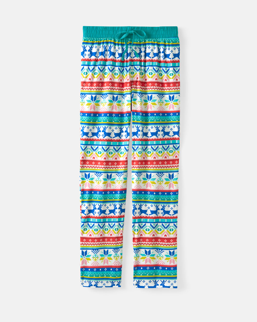 A pair of children's leggings with a colorful, repeating horizontal geometric and floral pattern in blue, red, green, yellow, and white, featuring a teal elastic waistband and drawstring.