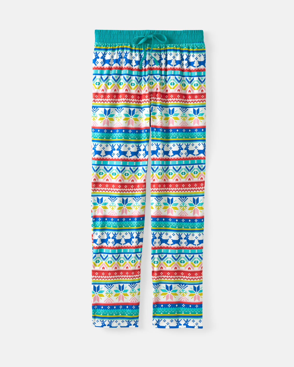 A pair of children's leggings with a colorful, repeating horizontal geometric and floral pattern in blue, red, green, yellow, and white, featuring a teal elastic waistband and drawstring.