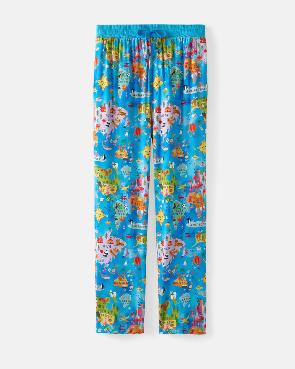 Blue men's pajama pants with an all-over cartoon geography and globe-themed print, featuring an elastic waistband and drawstring.
