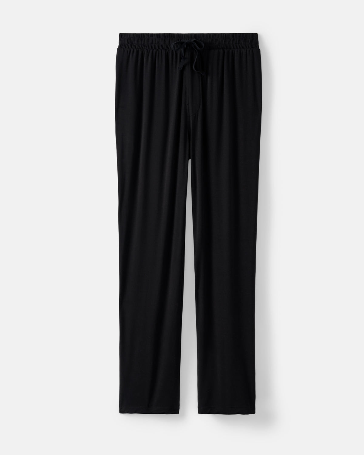 Black men's lounge pants with an elastic waistband and drawstring, shown flat against a light gray background.