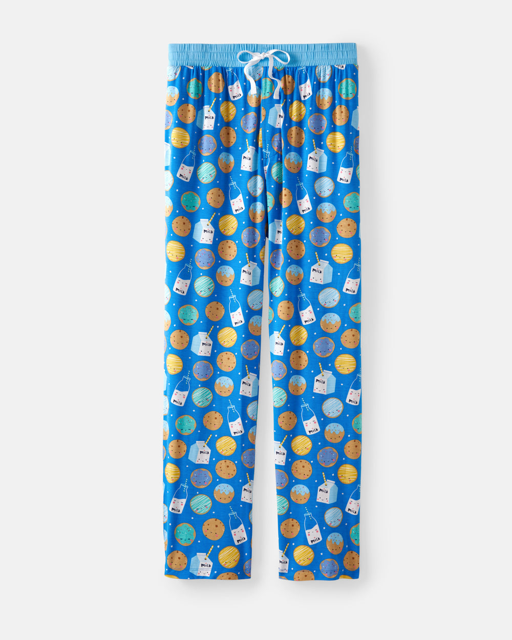 Blue pajama pants with an all-over pattern of colorful milk cartons and cookies, featuring a light blue elastic waistband with a white drawstring.