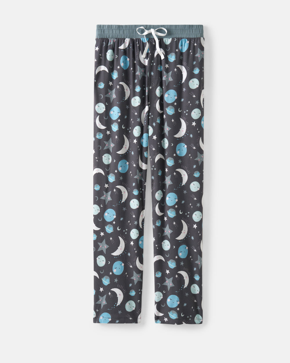 A pair of men's pajama pants with a dark gray space-themed print featuring blue planets, white and blue crescent moons, and white stars. The pants have an elastic waistband with a white drawstring.