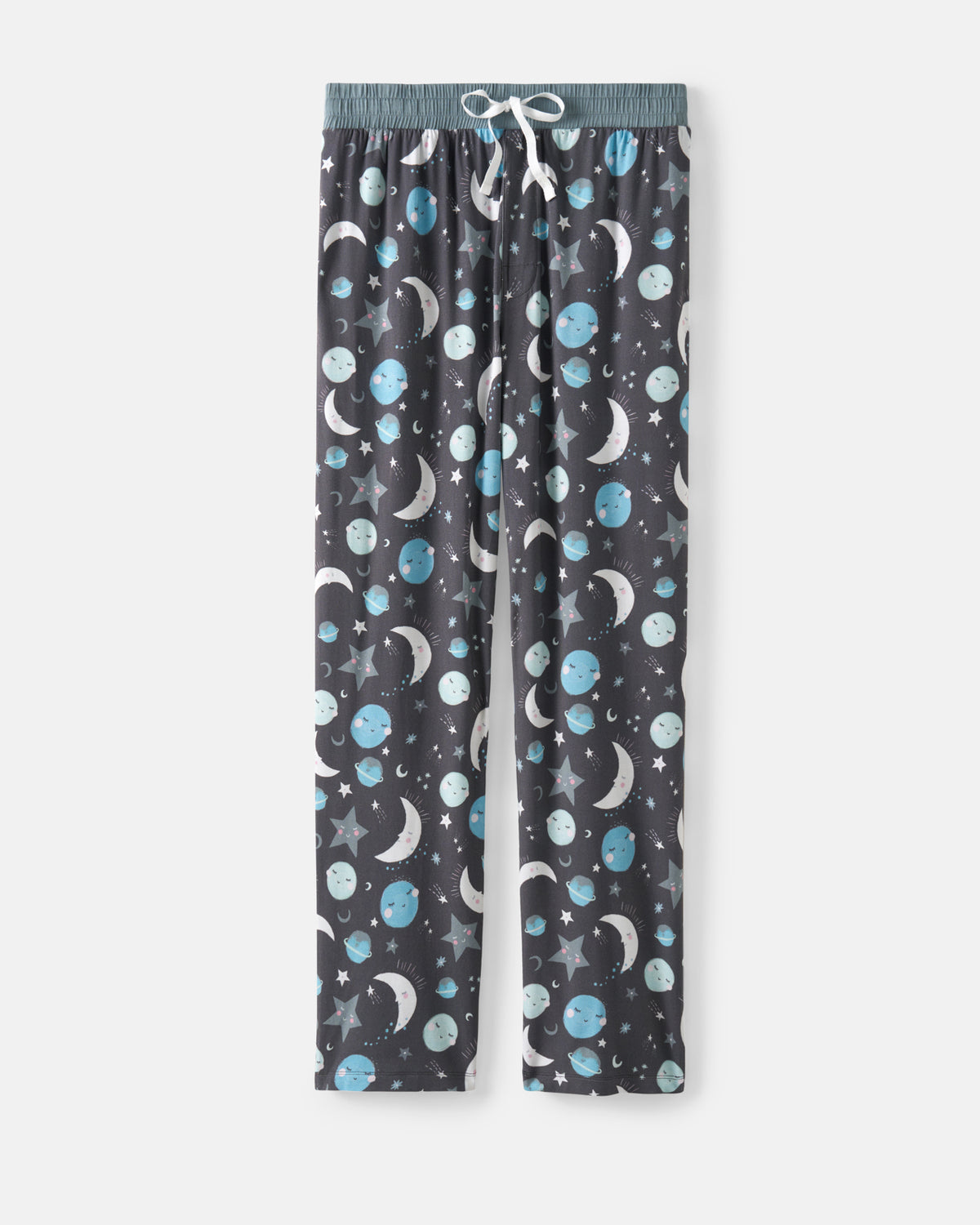 A pair of men's pajama pants with a dark gray space-themed print featuring blue planets, white and blue crescent moons, and white stars. The pants have an elastic waistband with a white drawstring.