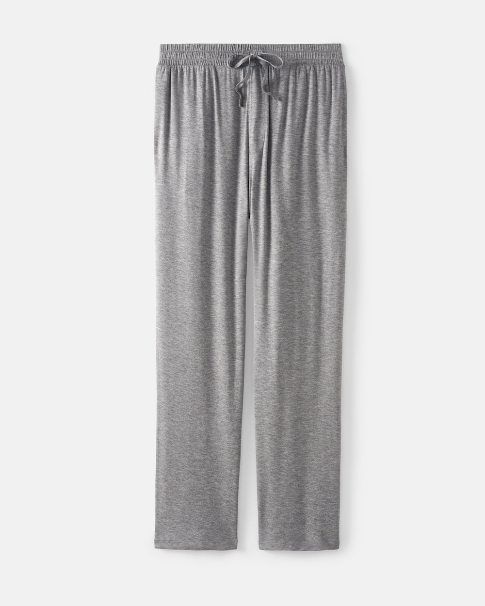 A pair of heather gray lounge pants with an elastic waistband and a matching drawstring, shown flat against a light gray background.