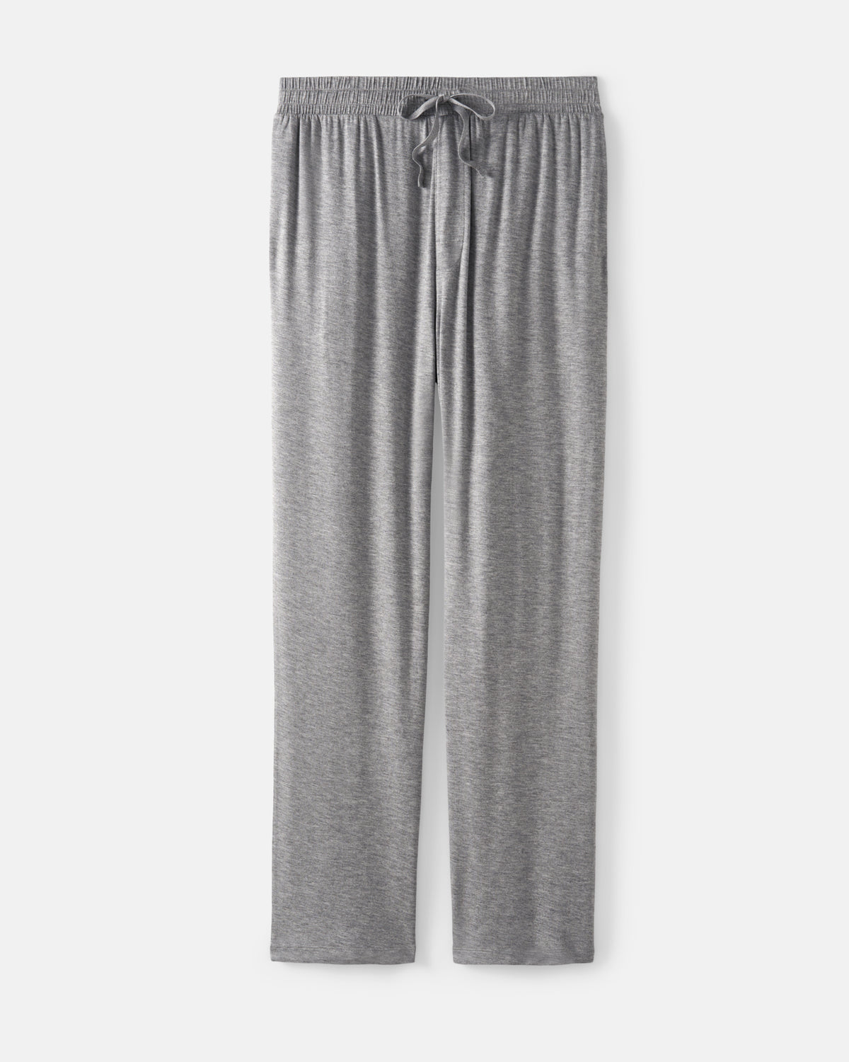 A pair of heather gray lounge pants with an elastic waistband and a matching drawstring, shown flat against a light gray background.