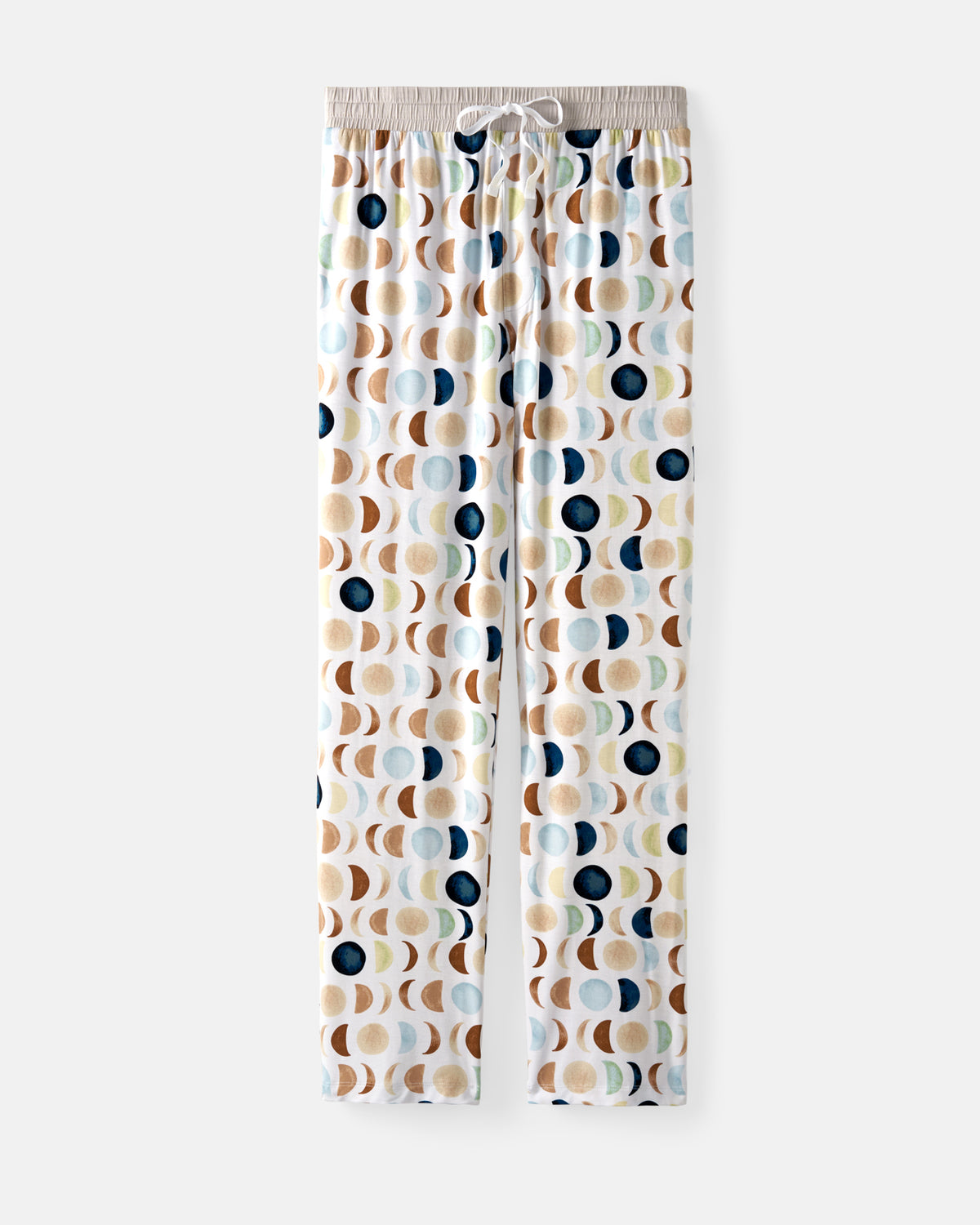 A pair of men's lounge pants featuring an all-over abstract pattern moon phases in beige, brown, navy, and light blue on a white background, with a light beige drawstring waistband.