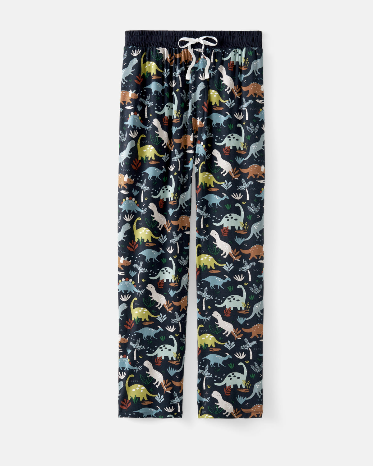 A pair of men's pajama lounge pants featuring an all-over dinosaur print on a dark navy blue background, complete with a matching elastic waistband and white drawstring.