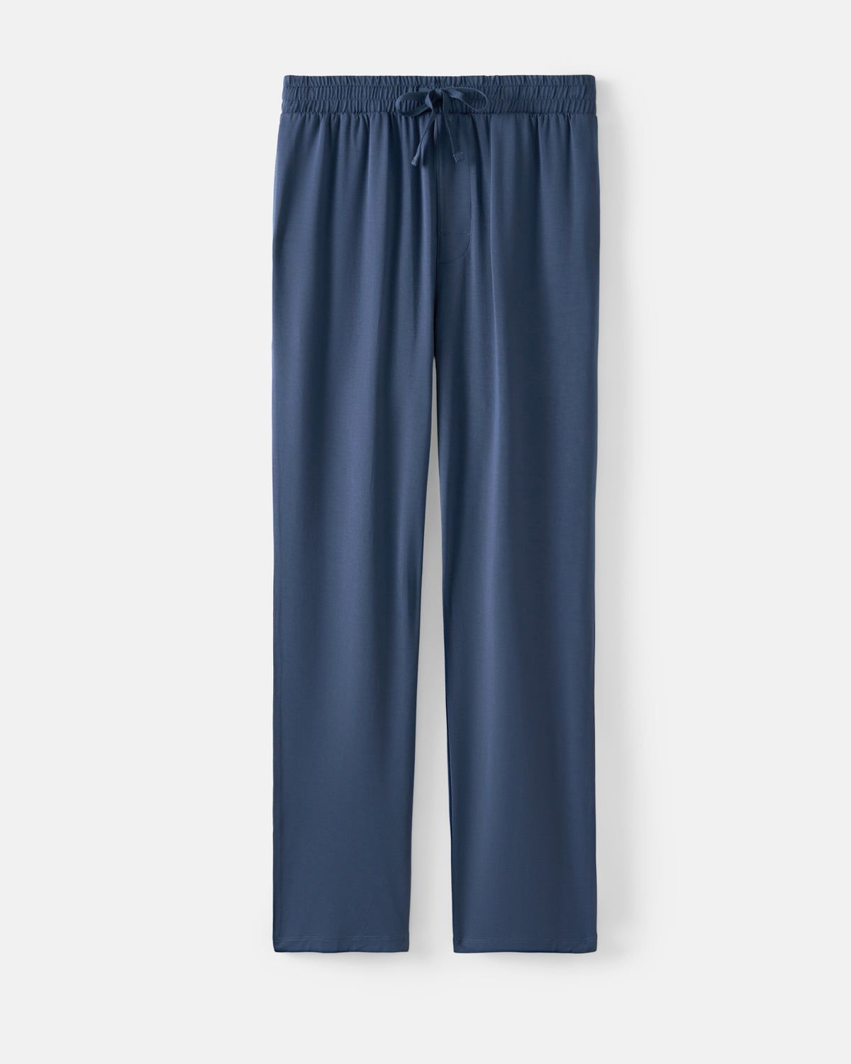 A pair of navy blue lounge pants with an elastic waistband and a matching drawstring, shown flat against a light gray background.