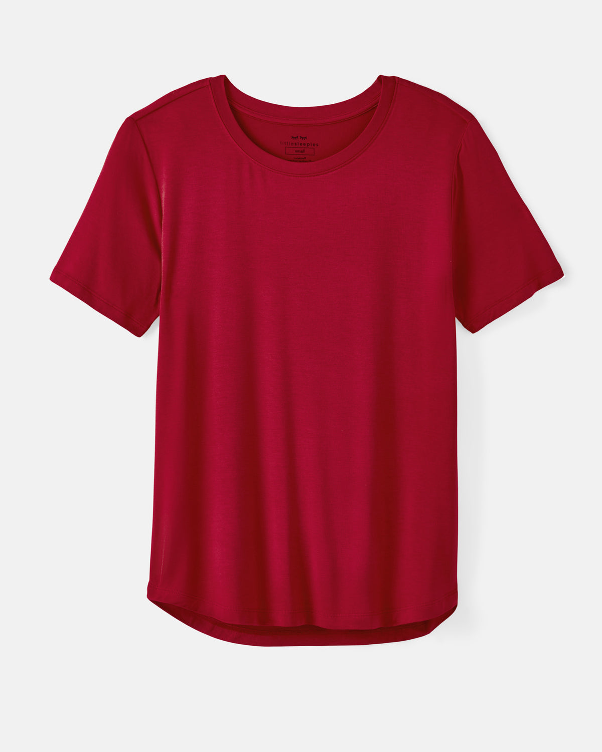 A short-sleeve crewneck t-shirt in a deep red color, displayed flat against a light gray background.