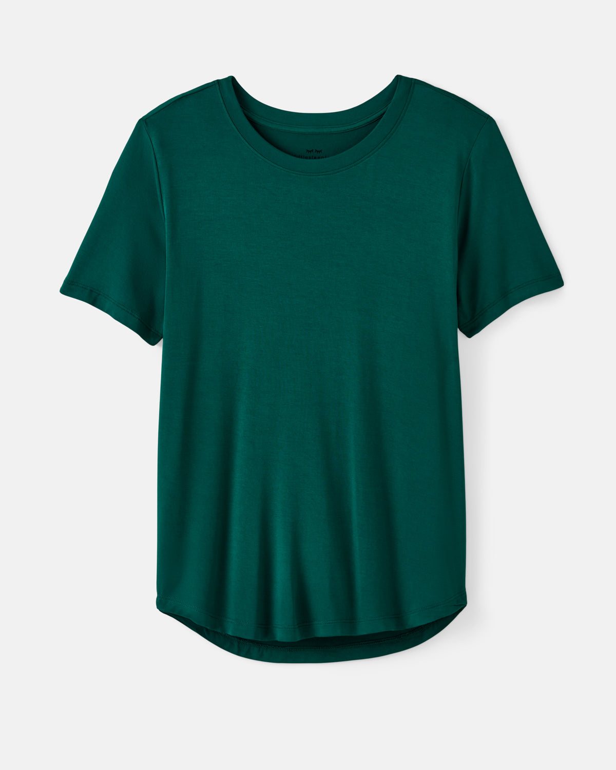 A dark green short-sleeve crewneck PJ t-shirt with a relaxed fit and a curved hem, displayed against a light gray background.
