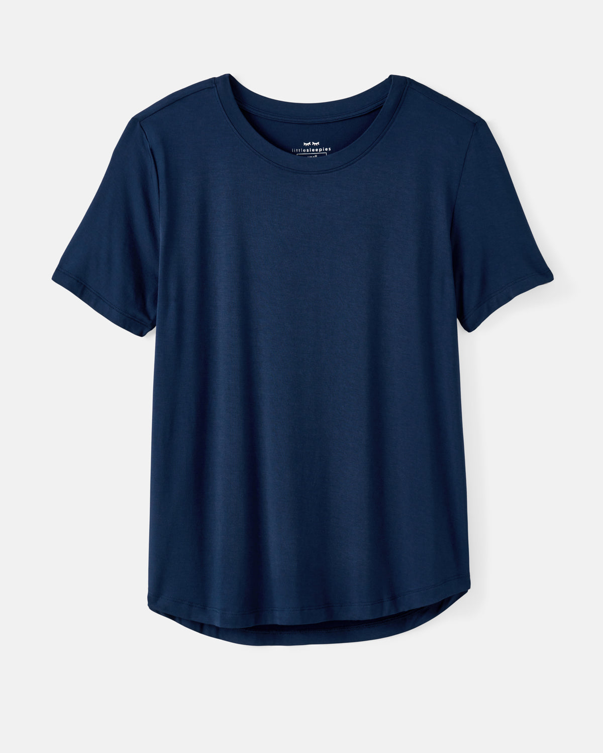 A navy blue short-sleeve crewneck PJ t-shirt displayed flat against a light gray background.