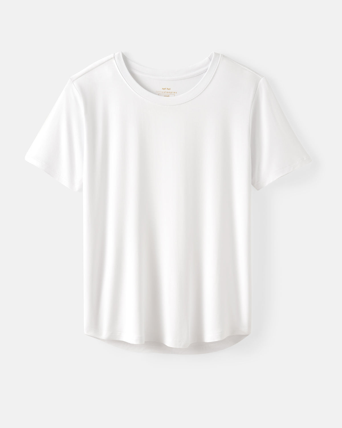 A plain white short-sleeve pajama crewneck t-shirt displayed flat against a light gray background.