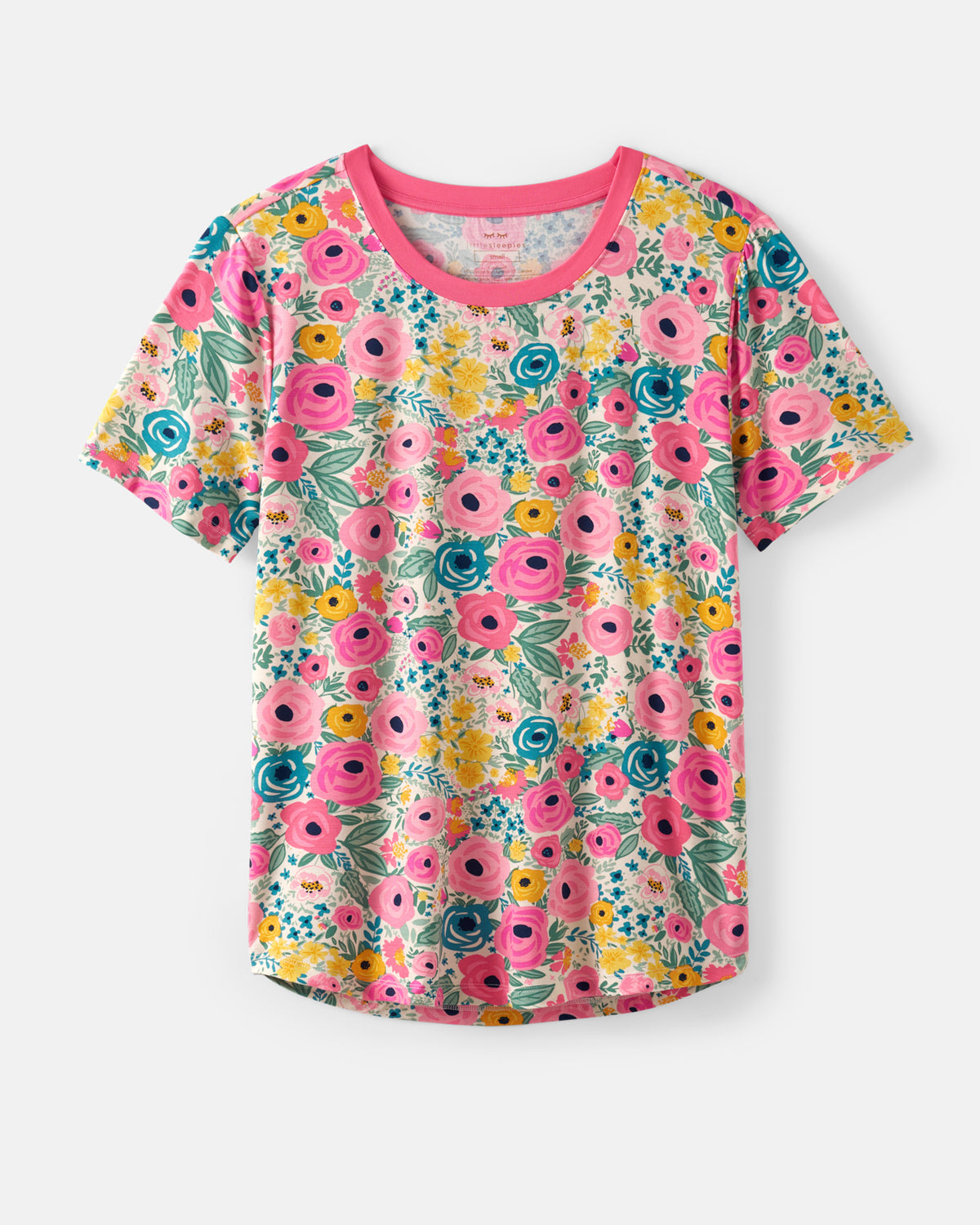 A short-sleeve crewneck pajama t-shirt featuring a vibrant pink, yellow, and teal floral print on a light background, with a solid pink collar.