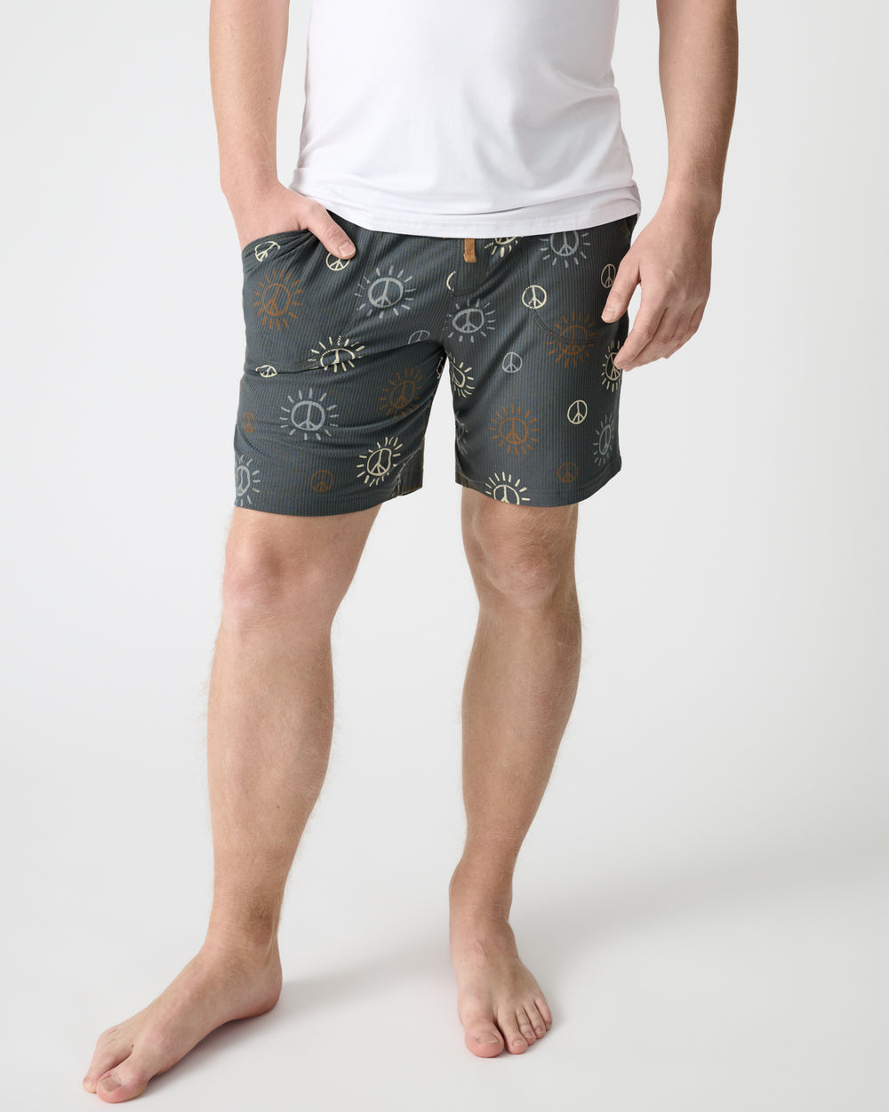 Man wearing the Peace & Love Ribbed Men's Pajama Shorts