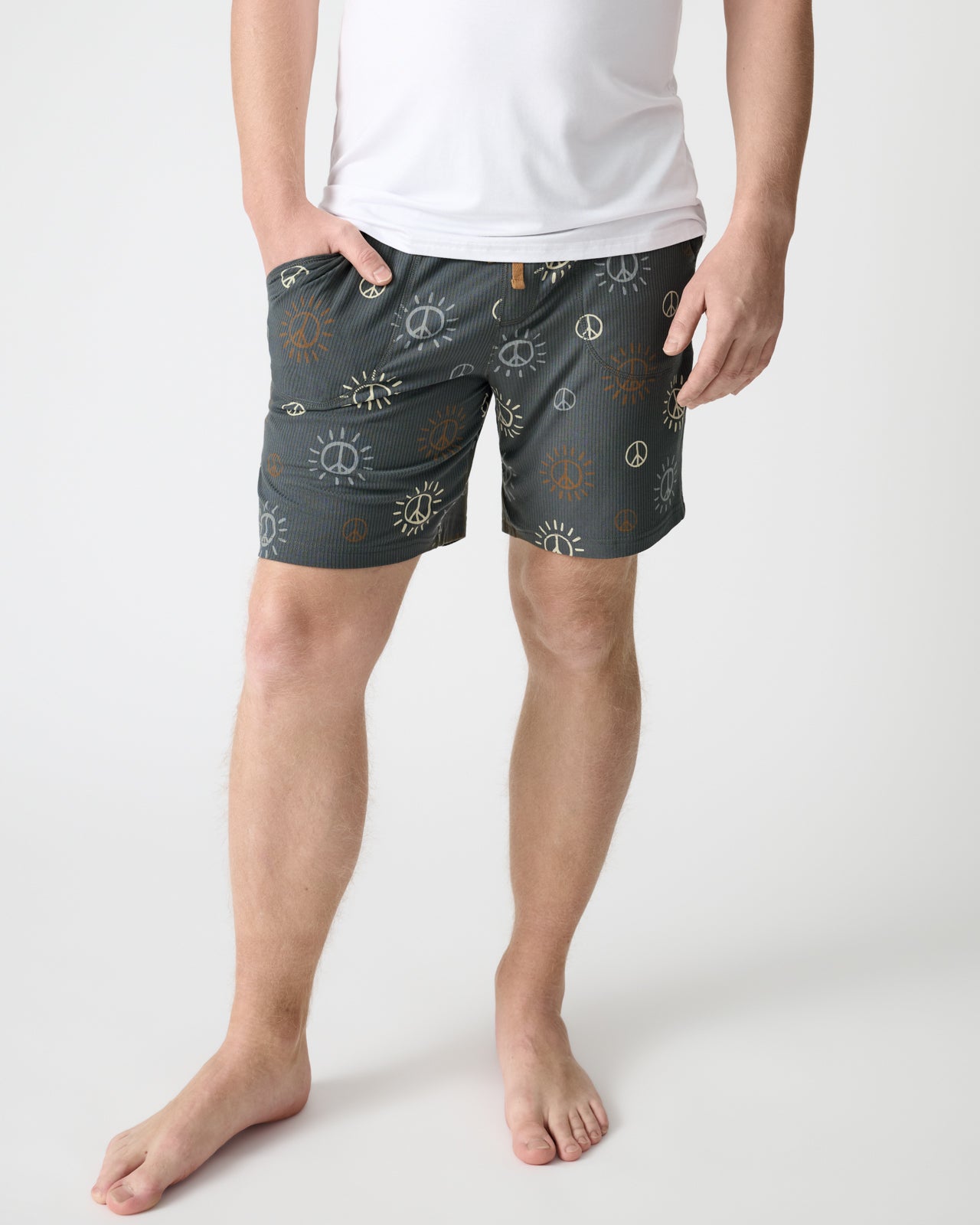 Man wearing the Peace & Love Ribbed Men's Pajama Shorts