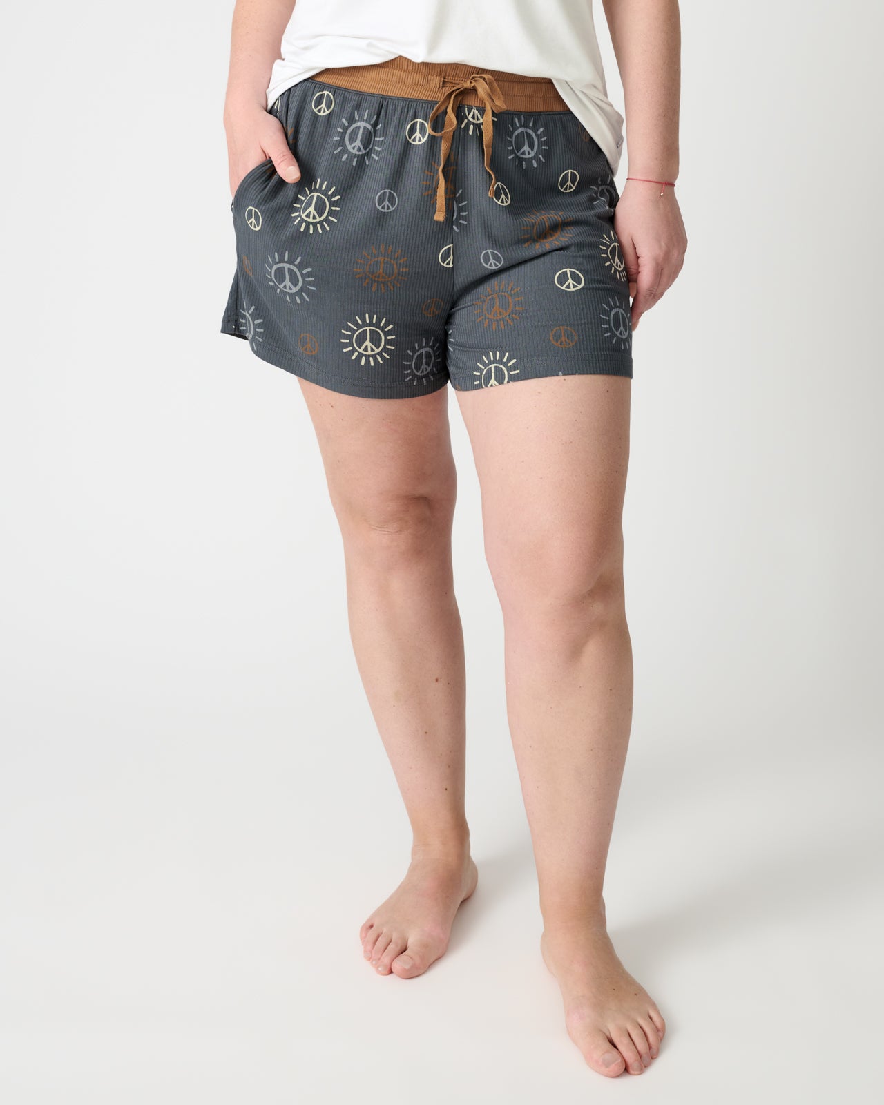 Woman wearing the Peace & Love Ribbed Women's Pajama Shorts