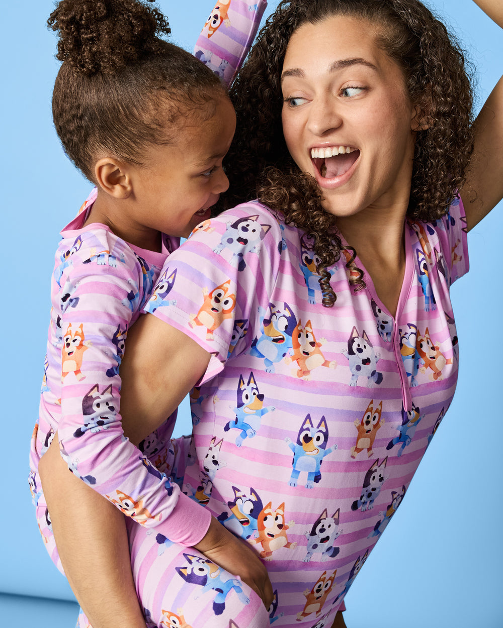 Mother and daughter wearing matching Pink Bluey Dance All Day Pajamas