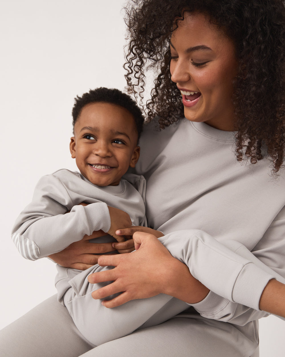 Mother and son wearing matching Dove Gray Crewneck Sweatshirts