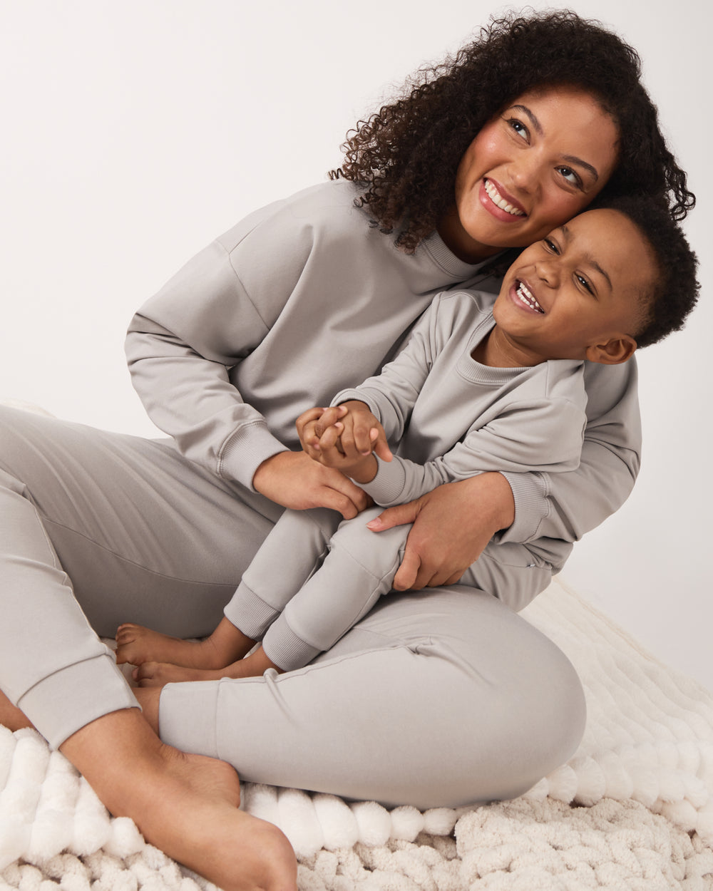 Mother and son wearing matching Dove Gray Sweat Sets