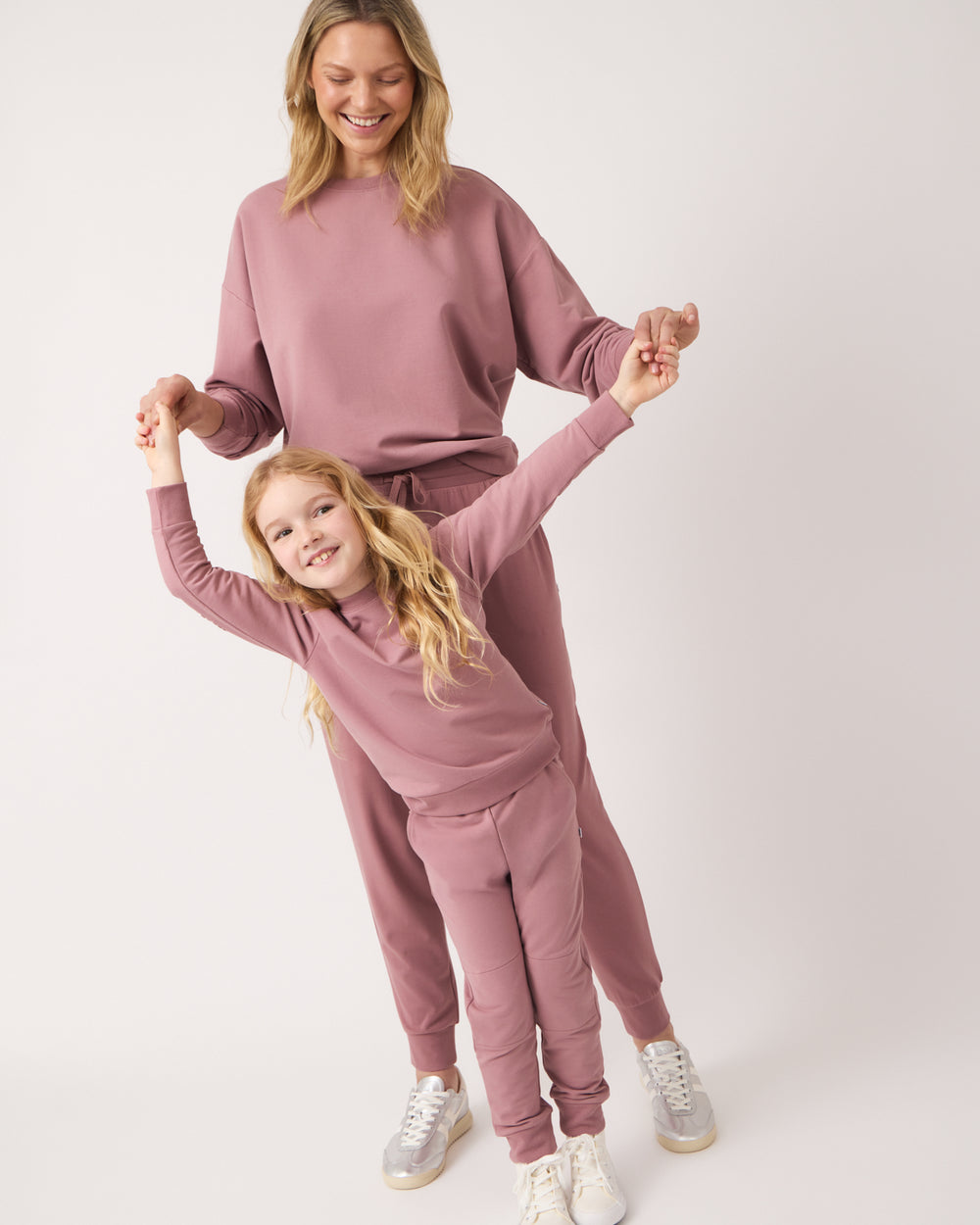 Mother and daughter wearing matching Rosewood Jogger and Crewneck sets